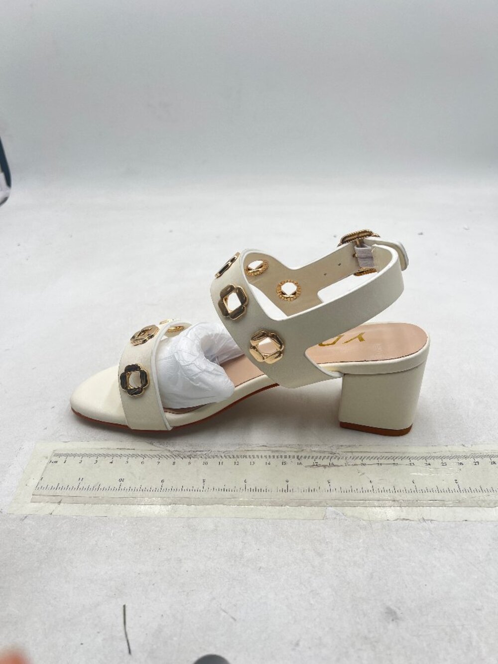 YDN Women's Ivory Block Heel Sandals with Gold Buckle Accents - Picture 2 of 8